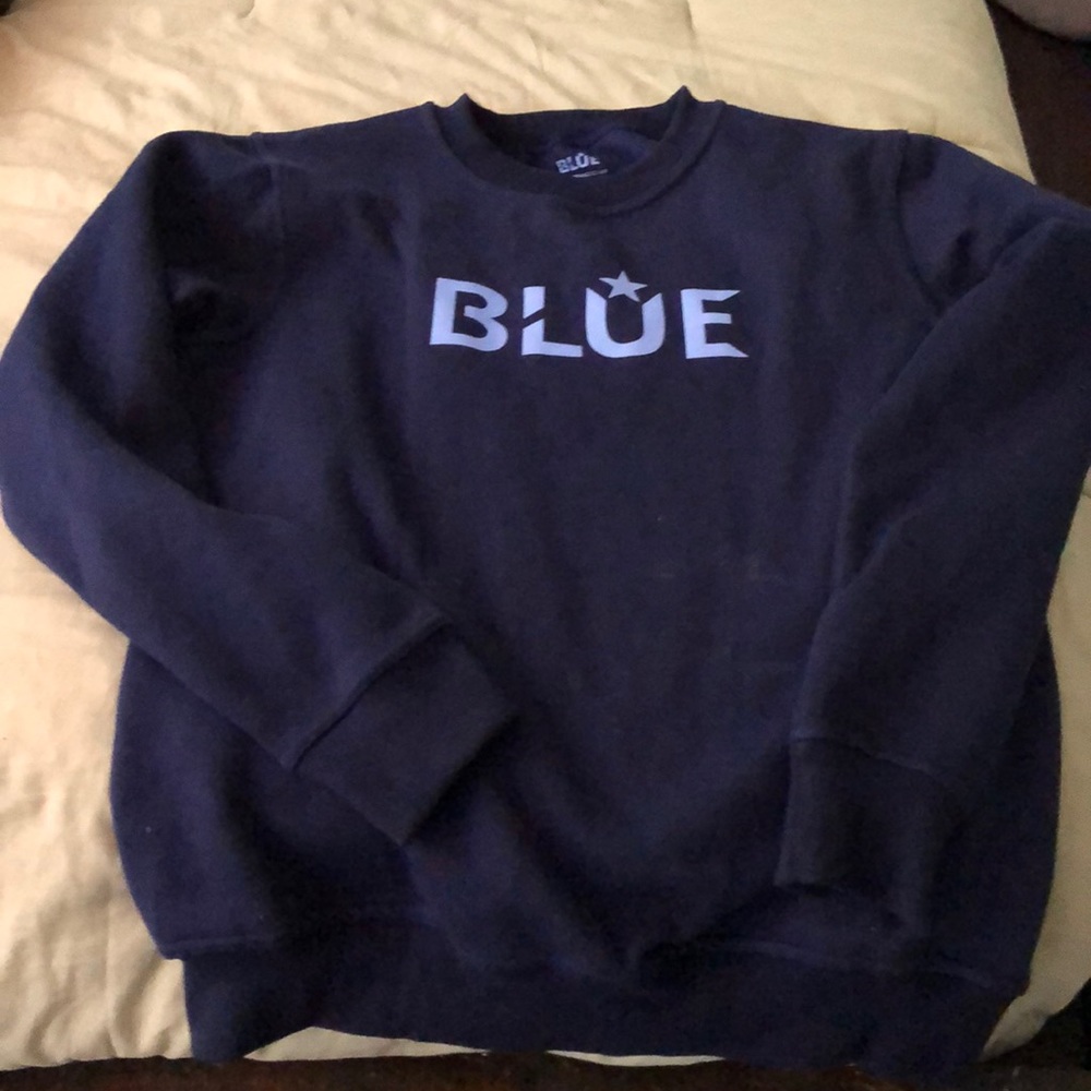Blue brand name sweatshirt.